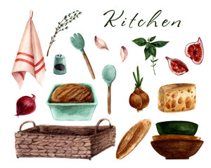 kitchen utensils in watercolors