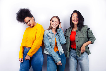 diverse nation girls group, teenage friends company cheerful having fun, happy smiling, cute posing isolated on white background, lifestyle people concept