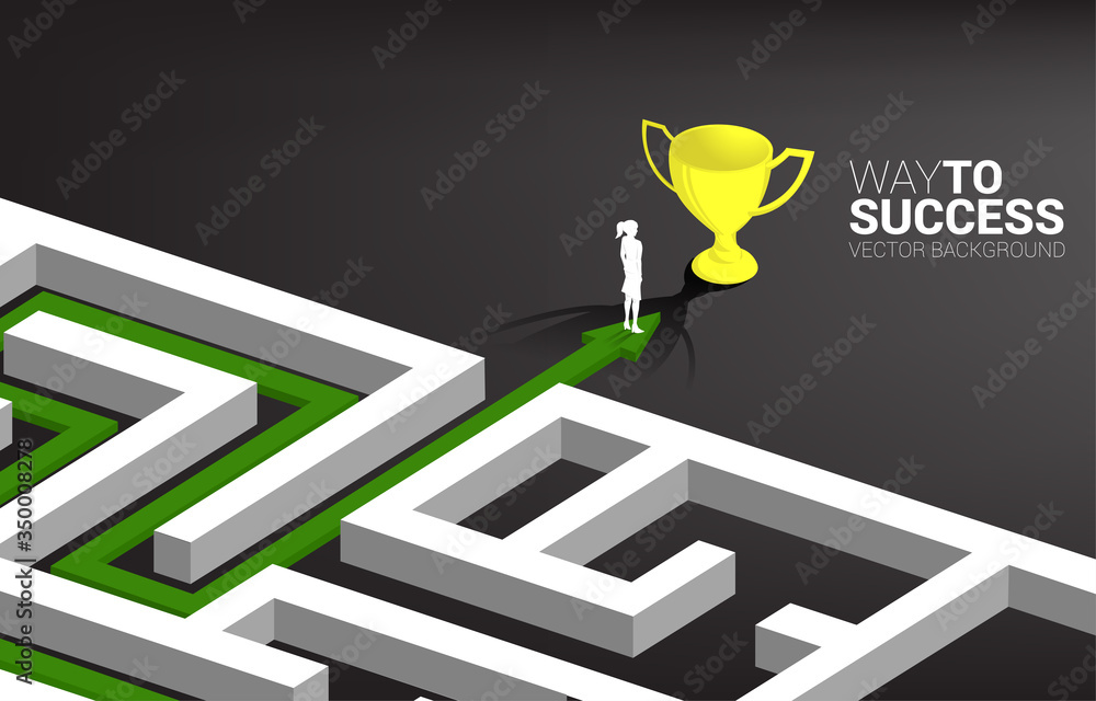 Poster Silhouette of Businesswoman on Arrow with route path to exit the maze to golden trophy. Business concept for problem solving and solution strategy