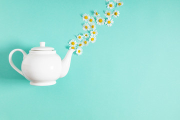 White chamomiles  and teapot on mint background. Herbal tea of chamomile flower. Chamomile tea...
