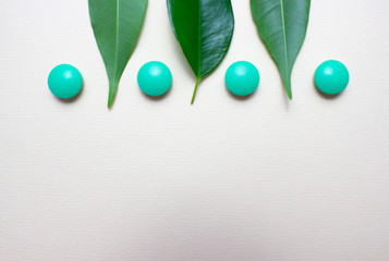 Green pills and green leaves are laid loose on yellow paper. Enough space for your recording.