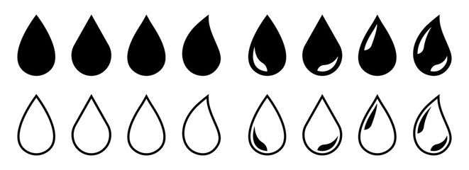 Big set of water drop icons. Black and blue water drop. Vector illustration.