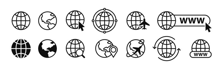 Set of globe icons. Collection of www web icons. Mobile app and website, business icons. Vector illustration.