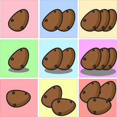 Whole potato such as a russet one two three set with shadows and different position