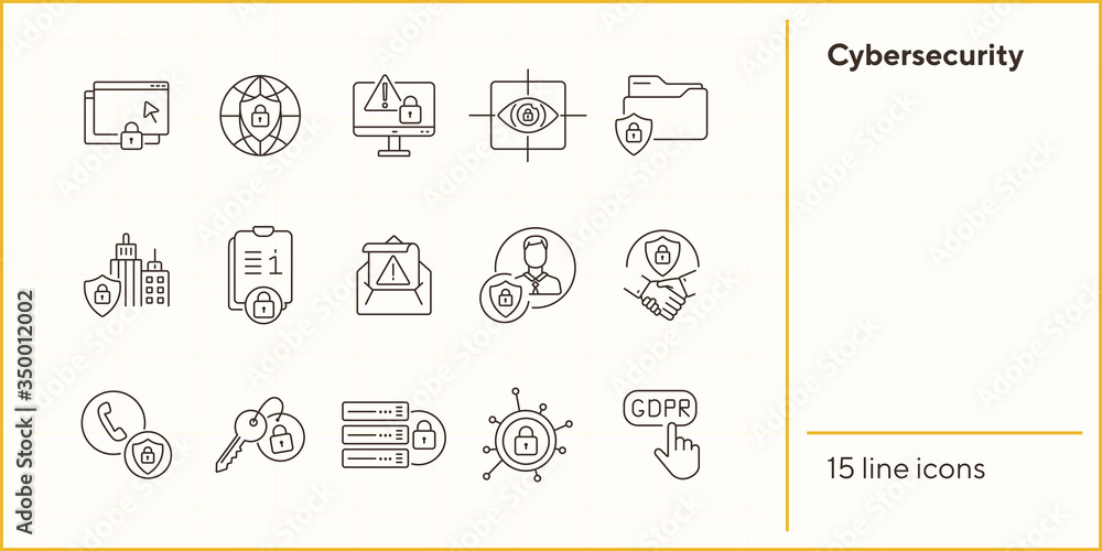 Poster cybersecurity line icon set. lock, server, access, files, state security isolated outline sign pack.
