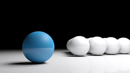Abstract concept image - One blue ball in front of many white balls on a white surface - 3D rendering illustration