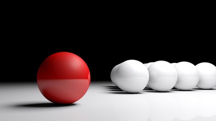 Abstract concept image - One red ball in front of many white balls on a white surface - 3D rendering illustration