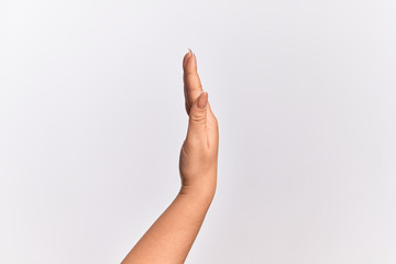 Naklejka premium Hand of caucasian young woman showing side of stretched hand, pushing and doing stop gesture