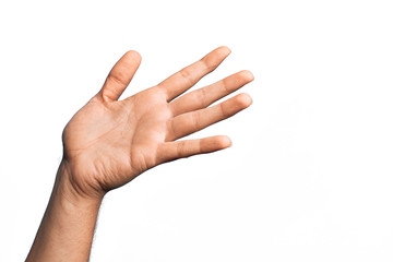 Hand of caucasian young man showing fingers over isolated white background presenting with open palm, reaching for support and help, assistance gesture