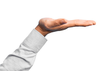 Hand of caucasian young man showing fingers over isolated white background with flat palm presenting product, offer and giving gesture, blank copy space