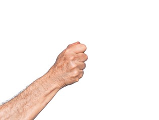 Hand of caucasian middle age man over isolated white background holding blank space with thumb finger, business and advertising