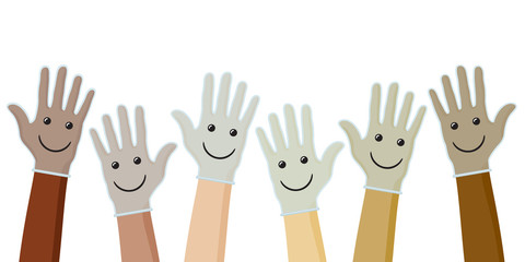 Hands of Various World Ethnicities People Protected with Gloves Having Happy Smile over It Coronavirus Pandemy Devoted Concept - All Races Skintone on White Background - Mixed Graphic Design