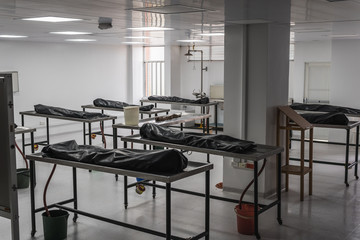Covered human corpses on tables in a morgue / mortuary waiting for identification, autopsy, burial...
