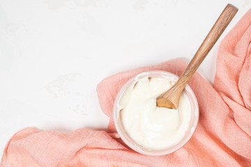 Cake cream. Whipped cream in a bowl. Cream texture. Buttercream texture on top. Making buttercream.