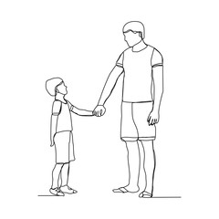 Continuous line drawing of happy family dad, and child walking togother. Vector illustration