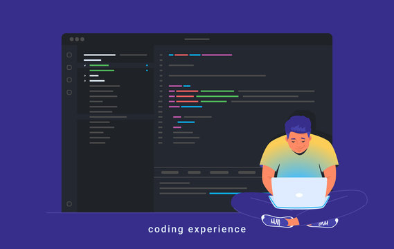 Coding experience and software development. Flat line vector illustration of cute man sitting in lotus pose with laptop and working. Abstract css script language on screen isolated on blue background