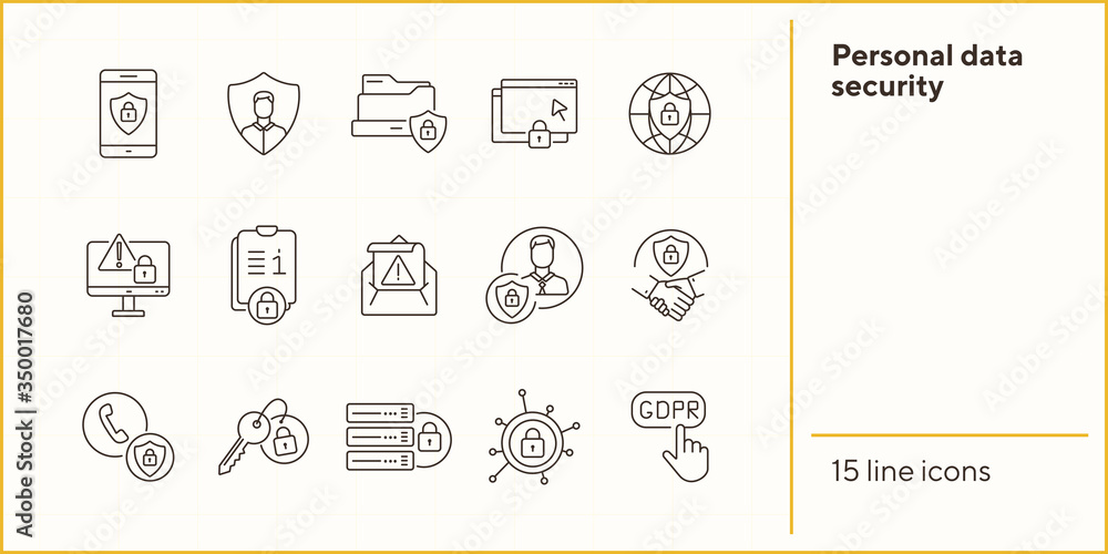 Poster personal data security line icon set. document, gadget, deal, avatar, network, shield isolated outli
