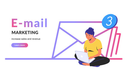 E-mail marketing for increasing sales and revenue. Flat line vector illustration of cute woman sitting alone in lotus pose with laptop and working remotely. Three envelopes icon on white background