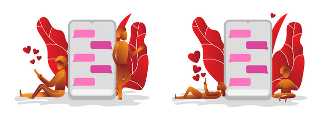 A couple relationship in love chatting , in story , gradient vector leaf , mobil handphone icon love in reach. dating cute online , man and woman relationship illustration