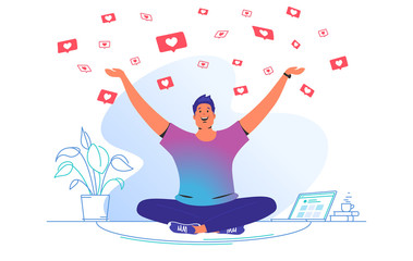 Social media likes and hearts falling on smiling man. Gradient vector concept illustration of happy guy sitting at home and getting hands up as winner and flying speech bubbles on social media