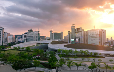 SEOUL, SOUTH KOREA-MAY 3, 2020: Sunset at Dongdeamun Desig  Plaza Seoul South Korea.