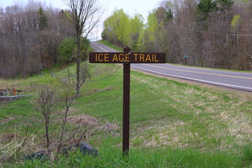 Ice Age Trail sign for the Straight Lake Segment in Polk County, WI during spring
