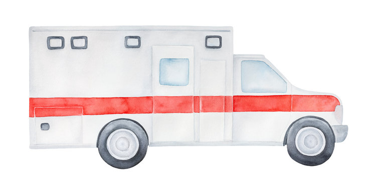 Water color illustration of white emergency ambulance car with bright red stripe in the center. Single object, side view. Hand painted watercolour graphic drawing, cut out clipart element for design.