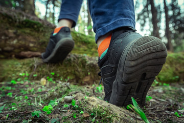 Female foots in black sports shoes run through spring forest along grass and moss. Trekking, walking through woods in nature. Hiking and exercising close up