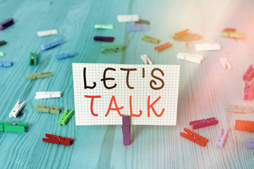 Conceptual hand writing showing Let S Is Talk. Concept meaning suggesting in the beginning of a...