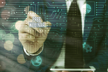 Word writing text Free Webinar. Business photo showcasing Lecture Workshop Seminar that is...