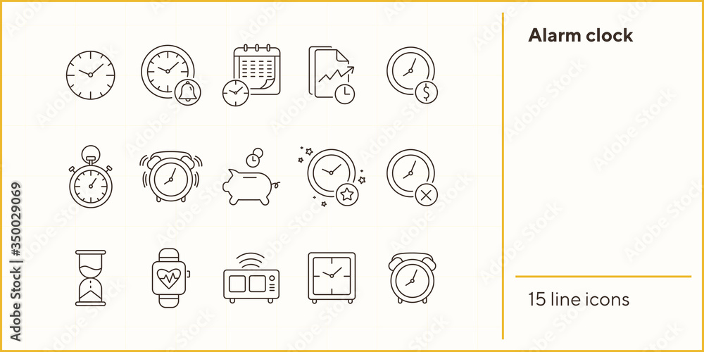 Poster alarm clock line icon set. watch, timer, piggy bank. time concept. can be used for topics like time 