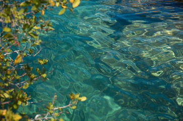 Beautiful natural view of transparent waters of turquoise blue Caribbean lagoon Yal-ku located in Mexican Mayan Riviera, Quintana Roo at Akumal
