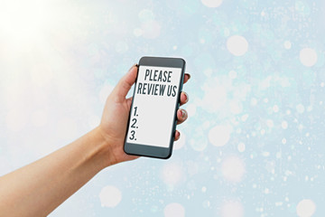 Writing note showing Please Review Us. Business concept for situation or system is formal...