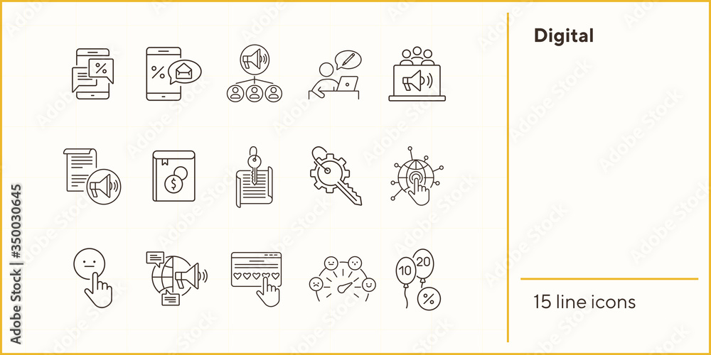 Poster digital line icons. set of line icons. mobile with envelope, planet network. technology concept. vec