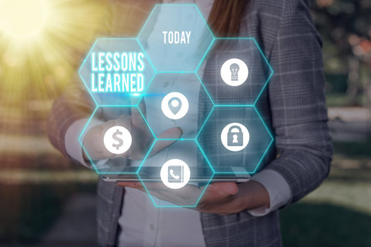 Text sign showing Lessons Learned. Business photo showcasing experiences distilled project that should actively taken