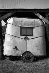 classic old trailer in b/w