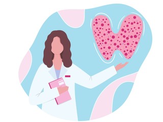Thyroid disease awareness. Vector illustration of doctor and thyroid in flat style isolated on white background.