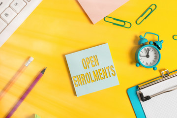 Conceptual hand writing showing Open Enrolments. Concept meaning when employees may make changes to...