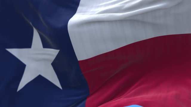 4k Texas flag;state in United States America slow loop seamless waving with visible wrinkles in wind blue USA sky background.A fully digital rendering;animation loops at 20 seconds.