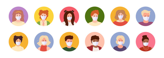 Masked young people avatars cartoon style set. Multinationality, different nations, faces man and woman collection. Stop coronavirus pandemic. Isolated vector illustration