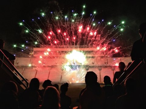 Low Angle View Of People Watching Firework Display At Night In Kenan Memorial Stadium