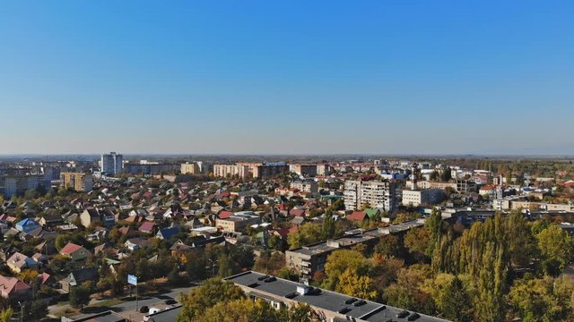 Residential area of the city at sunset, aerial cityscape houses in small town in the countryside. Uzhhorod Ukraine Europe