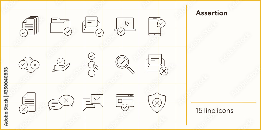 Poster assertion line icons. set of line icons. letter with checkmark, approved documents. checkmark concep