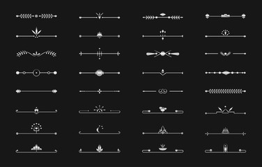 Divider silver line border set on black. Metallic text break. Graphic decorative element for design book page, wedding invitation card, menu retro, elegant decor art deco. Isolated vector illustration