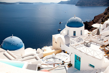 traditional white architecture over the Caldera, Aegean sea. Scenic travel background, Santorini