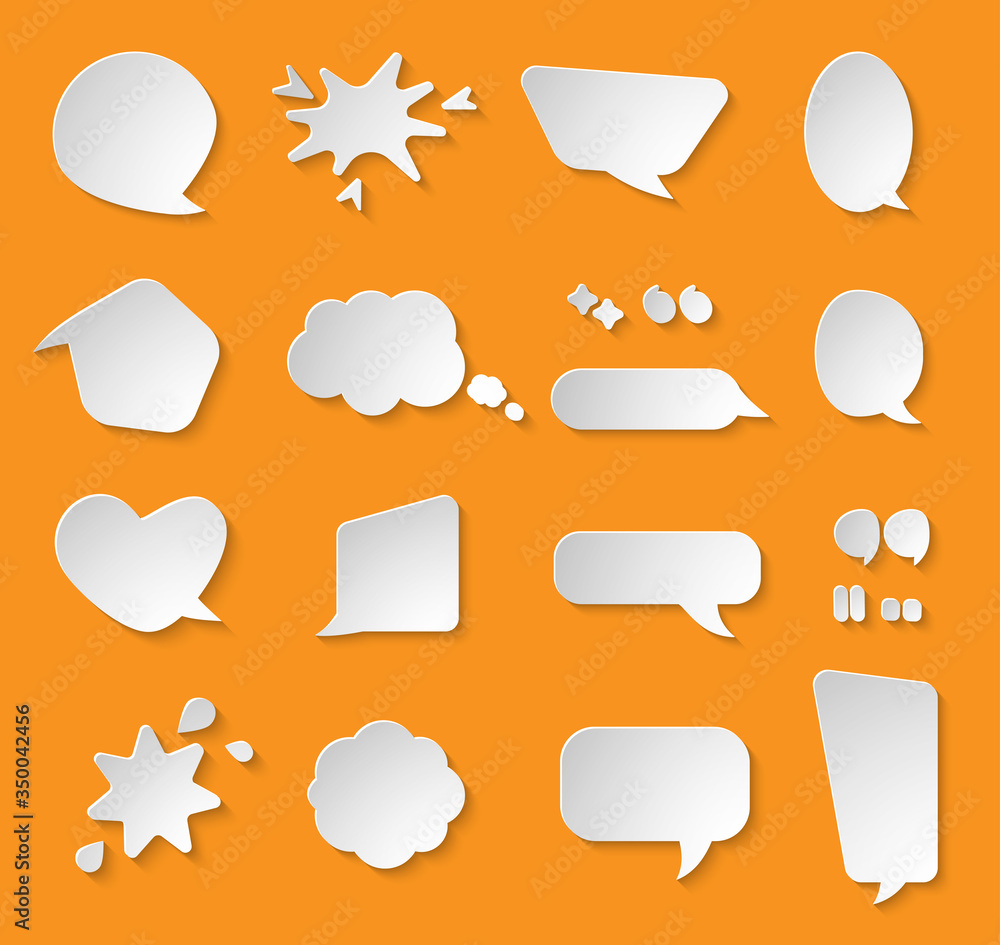Poster comic paper cut speech bubble set. empty text box cloud. abstract icon different shape blank doodle 