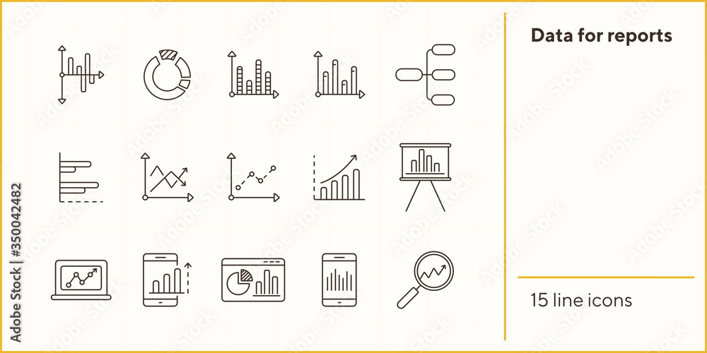 Poster data for reports line icon set. chart, diagram, analytics isolated outline sign pack. graph, analysi