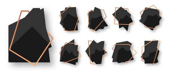 Abstract polygonal geometric black banner with rose gold line frame set. Empty template for design, card text. Luxury decorative modern polyhedron frame element. Isolated on white vector illustration