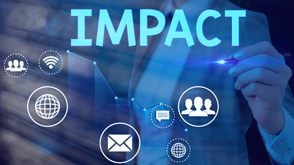 Word writing text Impact. Business photo showcasing action of one object coming forcibly into...