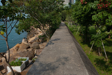Walking along the improvised promenade in the Southern part of Hong Kong Island. 